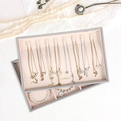 LANDICI Stackable Jewelry Organizer Trays 4 Set,PU Leather Jewelry Organizer Drawer,Jewelry Storage Display Tray for Earring Necklace Rings Bracelet with Removable Dividers,Grey