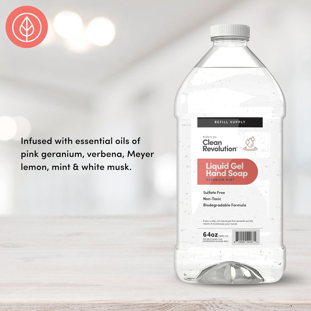 Clean Revolution Liquid Gel Hand Soap, Silky Rich Liquid, Quick Lather, Fast Rinsing, Contains Real Essential Oils (Geranium Mint) 64 Fl Oz