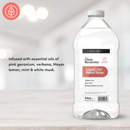 Clean Revolution Liquid Gel Hand Soap, Silky Rich Liquid, Quick Lather, Fast Rinsing, Contains Real Essential Oils (Geranium Mint) 64 Fl Oz