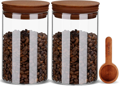 27oz Coffee Canister with Scoop and Wooden Lids, Airtight Coffee Grounds Container Set of 2 for Coffee Bar Organizer