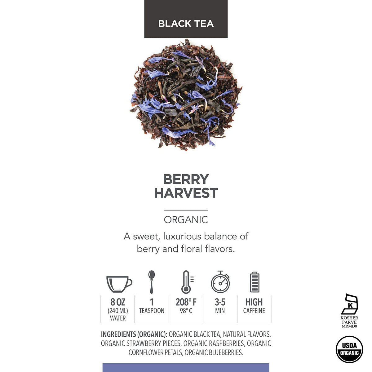 Teabloom Organic Fruity Black Tea, Berry Harvest Loose Leaf Tea, USDA Certified Organic & Kosher, Fresh Whole Leaf Blend in Reusable Gift Canister