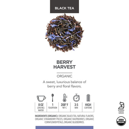 Teabloom Organic Fruity Black Tea, Berry Harvest Loose Leaf Tea, USDA Certified Organic & Kosher, Fresh Whole Leaf Blend in Reusable Gift Canister