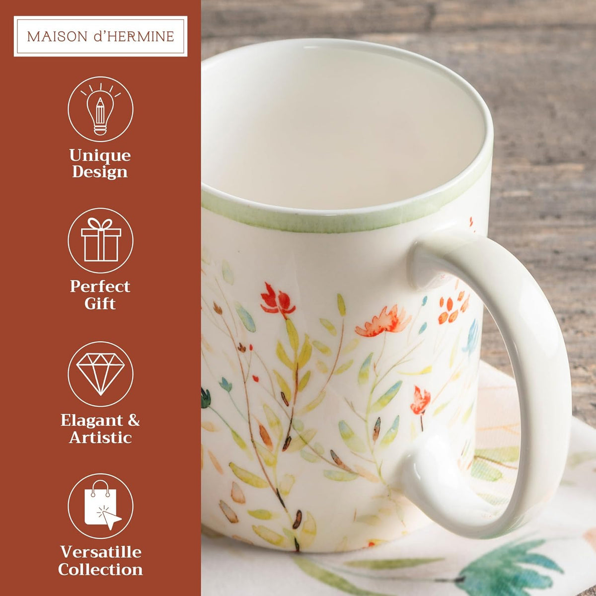 Maison d' Hermine Coffee Mug with Handles Fine Bone China Mugs Pack of One Tea Cups for Hot Beverages Cappuccino Latte Home Restaurant Office Perfect for Gift (Colmar - Green, 15 Ounce)