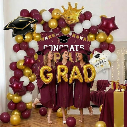 Maroon White Gold Balloon Garland Arch Kit with backdrop Stars Graduation Cap crown GRAD Letters Mylar Balloons for 2026 graduate Prom Decorations
