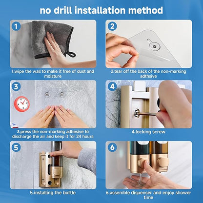 Shampoo and Conditioner Dispenser, Refillabe Shower Soap Dispensers 2 Chamber No Drill Shampoo Dispenser for Shower Wall Mounted 2 * 300ml Container for Bathroom Hotel (Gold 2 Chamber)