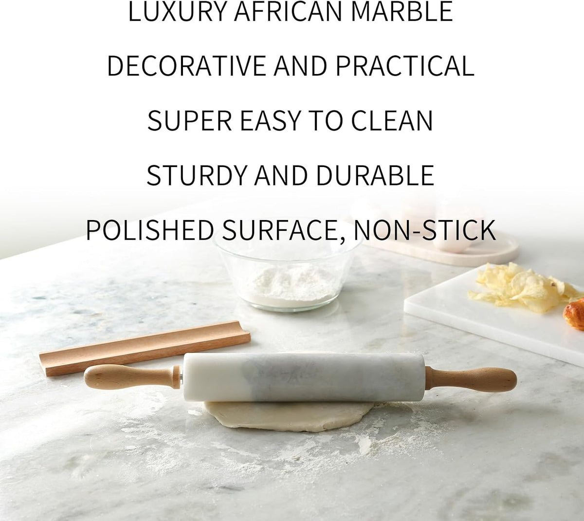Koville Marble Rolling Pin, Non-Stick African Stone Polished Dough Roller, Pasta, Dumpling, Ravioli, Fondant, Pie Crust