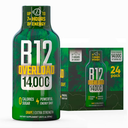 B12 Overload Extra Strength Energy Shot – Grape – 260mg Caffeine, 14000% B12, Electrolytes – Energy & Vitality Support – Zero Sugar No Calories – Vegan, Kosher, Gluten-Free – 1.93 fl oz, 24-Pack