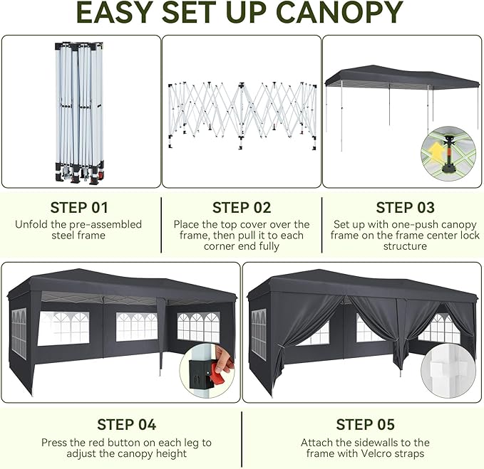 Aoxun 10x20 Pop Up Canopy Tent with 6 Removable Sidewalls, One Push Party Tent Waterproof Outdoor Canopy with 3 Adjustable Height, Portable Tents for Parties, Wedding, Commercial, Market