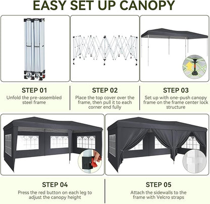 Aoxun 10x20 Pop Up Canopy Tent with 6 Removable Sidewalls, One Push Party Tent Waterproof Outdoor Canopy with 3 Adjustable Height, Portable Tents for Parties, Wedding, Commercial, Market