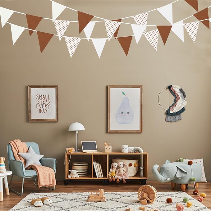 Zwiebeco 39Ft Brown White Dot Fabric Bunting Banner Triangle Flags Cotton Garland Pennant for Birthday Wedding Forest Wild One Safari Party Home Outdoor Garden Decorations