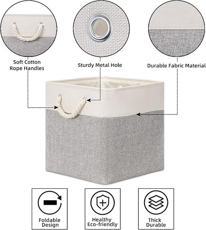 Bidtakay Fabric Basket Set - Large Square Organizer Bins, 13x13, Set of 3, White & Grey