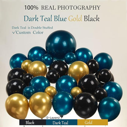 Chrome dark Teal and gold black Balloon Garland Kit 170Pcs Double-Stuffed Navy Teal Blue With Starburst Balloons for Birthday Luxury shop happy grad eve decorations 2025