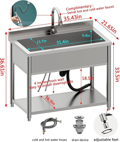 Stainless Steel Utility Sink, Large Freestanding Laundry Sink with Pull-out Faucet for Kitchen, Bathroom, Laundry Room, Garage, Outdoor/Indoor Use, Pet Cleaning, D21.65 x W35.43 x H36.61 inch