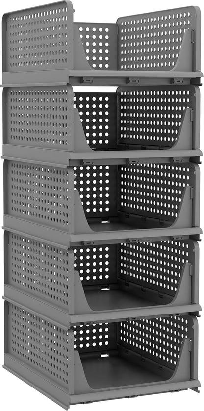 Pinkpum 5 Pack Folding Closet Organizers - Stackable Plastic Drawer Basket for Clothing, Shelf Storage Container for Closet, Wardrobe, Bedroom, Bathroom, Office (Black)