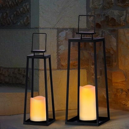 Solar Lantern Decorative Outdoor Set of 2 (18’’ & 15’’) Modern Black Metal Lanterns with Solar Candles, Decorative Candle Lanterns for Outdoor Porch, Patio, Garden, Yard Decor