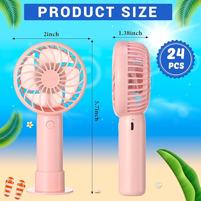 Tujoe 24 Pcs Mini Powerful Handheld Fan 3 Speed Personal Small Portable Rechargeable Fan with Base USB for Women Eyelash Makeup Office Travel Beach Indoor Outdoor (Pink)
