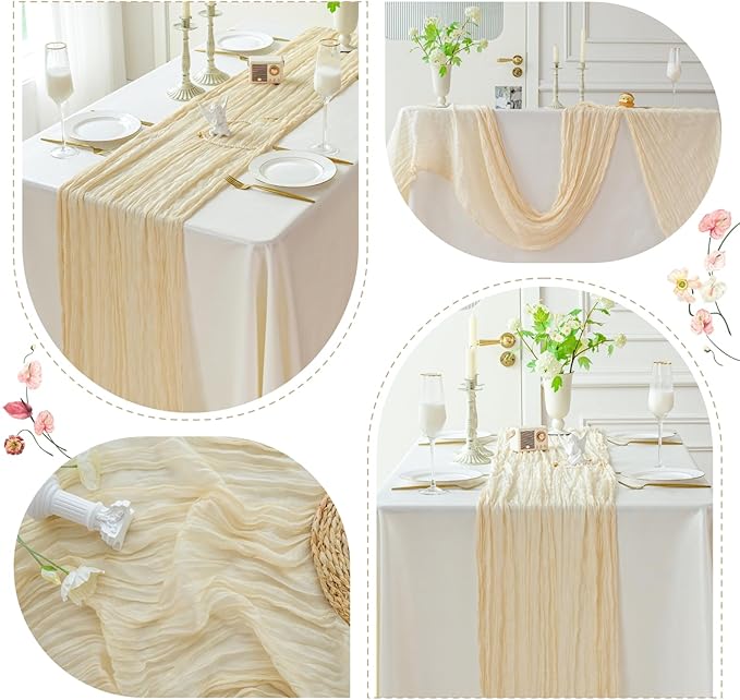 Sioloc Beige Cheesecloth Table Runner 120'' x 35'',Spring Easter Decor Soft Gauze Boho Wedding Table Decor for 10ft Table Birthday Party,Baby Shower, Bridal Shower, Home & Event Decor