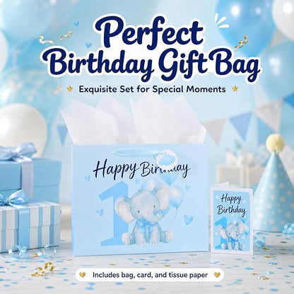 Powbrace 13" Blue Happy Birthday Gift Bag with Tissue Paper and Greeting Card for Party,Happy Birthday Gift Bag for Boys Babies,Gift Bags Medium size(1 PCS Blue Cartoon)