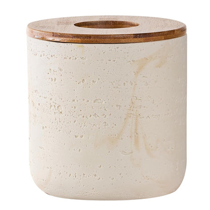 Natural Travertine Textures Beige Mini Trash Can with Bamboo Lid,Small Countertop Trash Can for Bathroom, Kitchen, Vanity, Desk Trash Can,Table Top Mini Garbage Can for Dining Room, Tiny Waste Basket