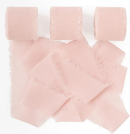 Blush Pink Chiffon Ribbon 1.5" x 21 Yd Handmade Fringe Silk Chiffon Fabric Ribbon for Gift Wrapping Wedding Invitation Bridal Flower Bouquet DIY Crafts Home Decor