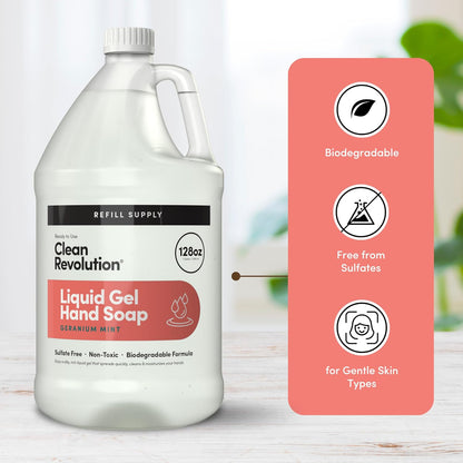 Clean Revolution Liquid Gel Hand Soap, Silky Rich Liquid, Quick Lather, Fast Rinsing, Contains Real Essential Oils (Geranium Mint) 128 Fl Oz