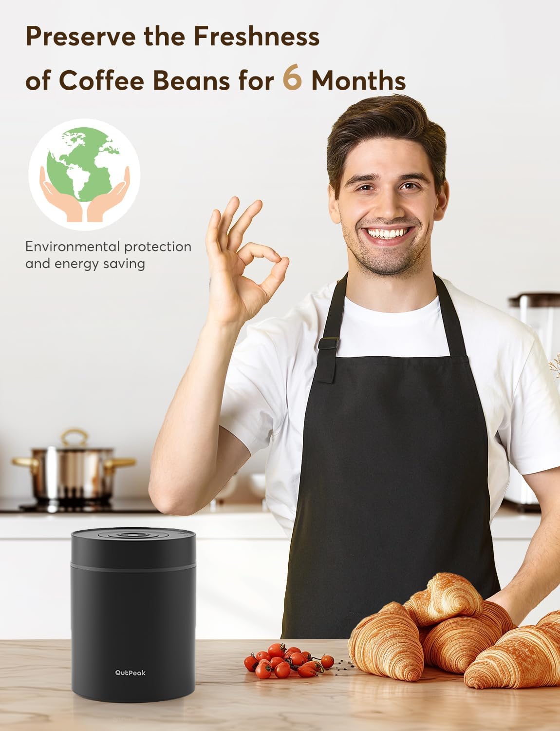 OUTPEAK 2025 Kilo Auto Vacuum Coffee Canister, 1.8L for 21.2oz Coffee Beans, One-Button Operation, Stainless Steel Container with Scoop, Fresh 6-Month Storage Container (Barista Champion's Choice)