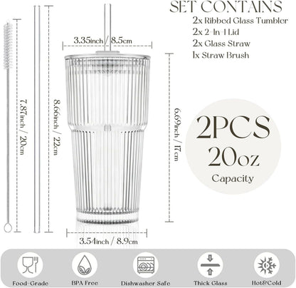 KEMORELA 20oz Ribbed Glass Tumblers with Lids and Straws,Iced Coffee Cups | Reusable thick-wall glass, Leak-Proof Lids, Fits Most Car Cup Holders, For Iced Coffee and Cold Drinks, With Cleaning Brush