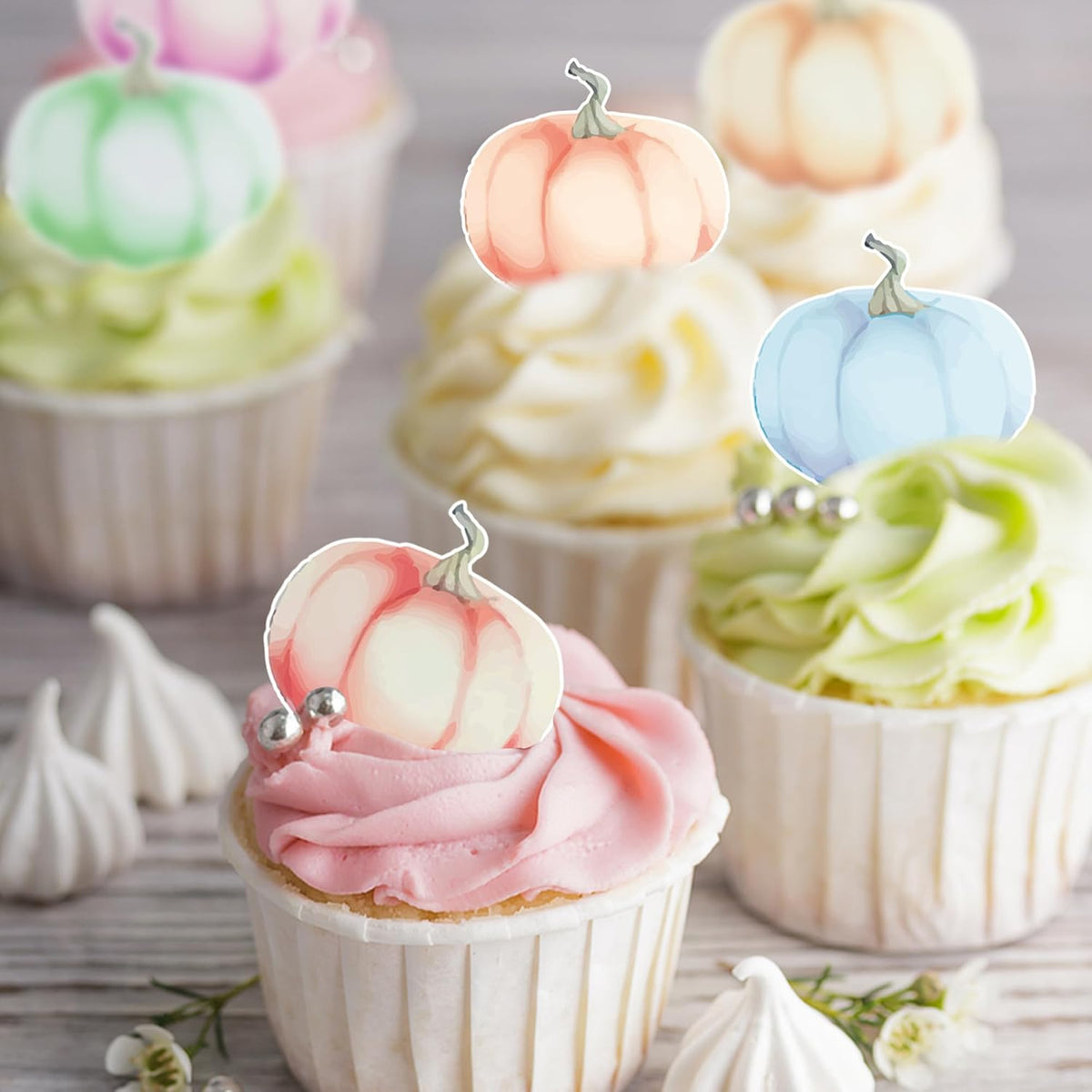 40Pcs Edible Pumpkin Cupcake Toppers Autumn Thanksgiving Theme Party Wafer Paper Color Pumpkin Cupcake Toppers Baby Gender Reveal Party Supplies