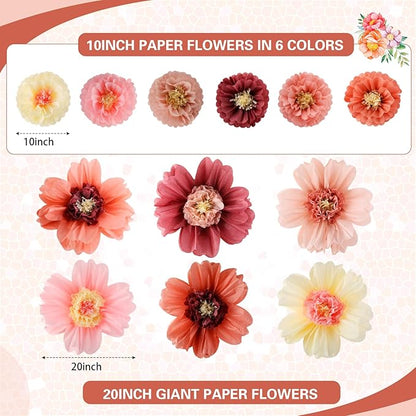 Crowye 12 Pcs Large Colorful Tissue Paper Flowers Decorations Giant Fiesta Craft Crepe Paper Flowers for Wall Decor Backdrop Mexican Wedding Birthday Carnival Party (10'' 20'',Vintage Color)
