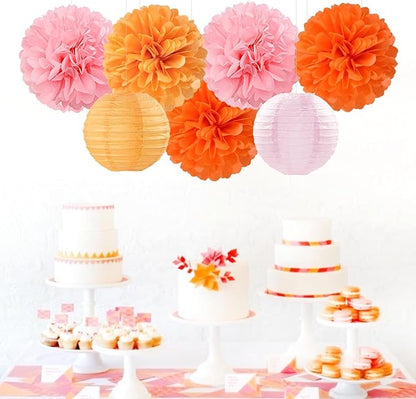 Pink-Orange Groovy Party-Decorations Paper-Flowers Lanterns - 15PCS Baby Shower Tissue Pom Poms Streamers, Fall Wedding Boho Birthday Bridal Bachelorette Sunset Hanging Supplies Decor Hugfond