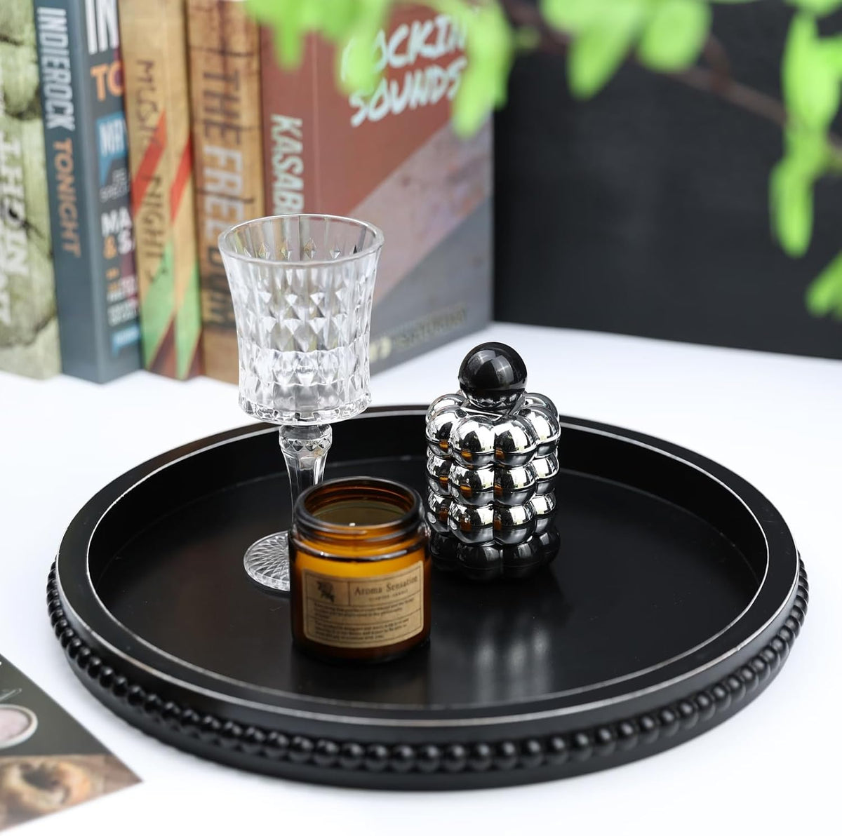Round Black Wood Serving Tray with Beads, Wooden Decorative Tray for Entertaining, Decoration, and Gifting