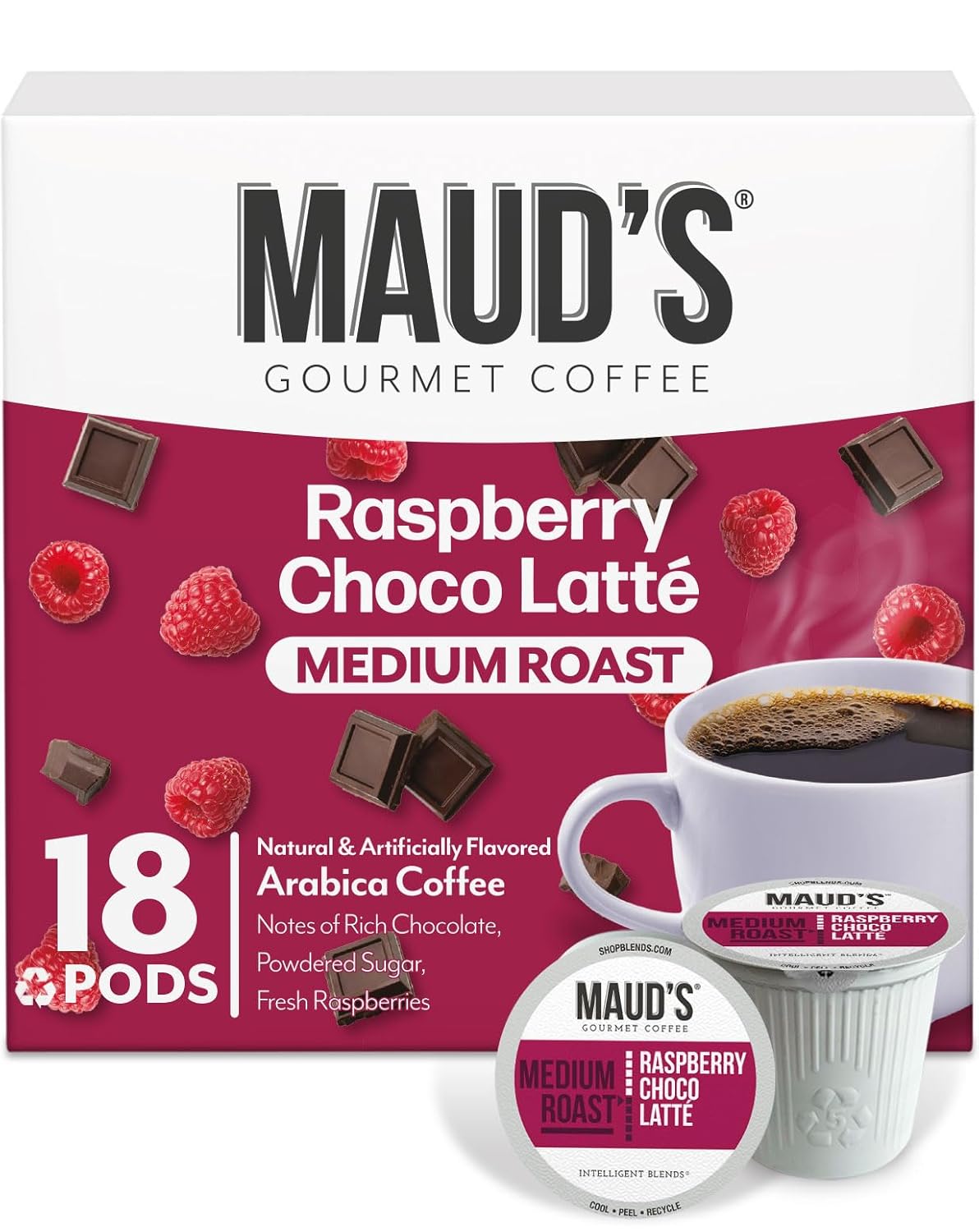 Maud's Raspberry Chocolate Flavored Coffee Pods, 18 ct, Medium Roast Flavored Coffee in Recyclable Single Serve Pods – 100% Arabica Beans