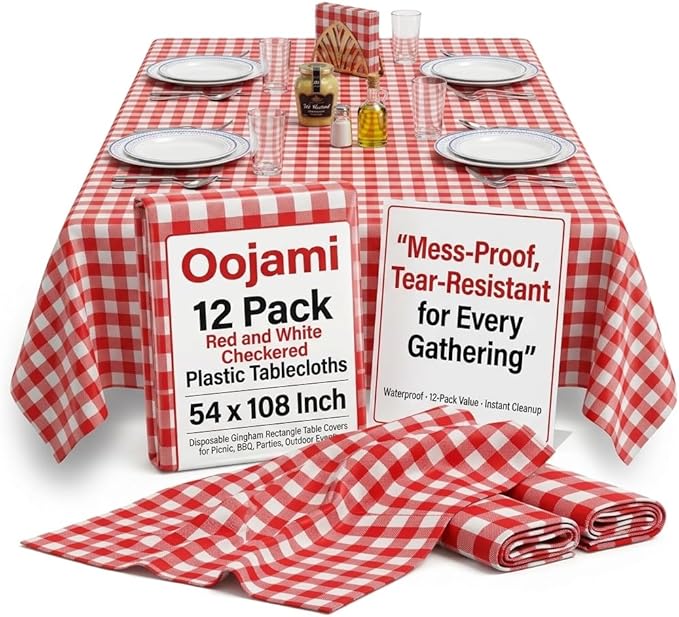 Oojami 12 Pack Red and White Checkered Plastic Tablecloths – 54 x 108 Inch Disposable Gingham Rectangle Table Covers for Picnic, BBQ, Parties, Outdoor Events, Waterproof, Fits 8 Ft Tables