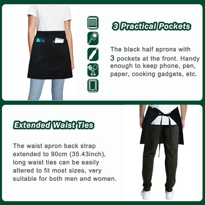 4 Pack Short Server Waitress Chef Apron, Black Waist Aprons with 3 Pockets for Women Men, Half Apron for Waiter Cooking Dishwashing Cleaning Painting Gardening Barbecue (Polycotton - Black)