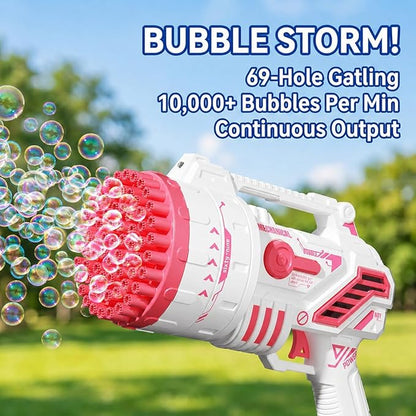 Bubble Gun for Kids, 69-Hole Bubble Machine with LED Lights, 69 Hole Bubble Blaster Blower, for Ages 3+, Summer, Birthday, Party Wedding Outdoor (Pink)