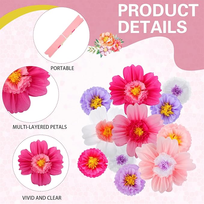 Crowye 12 Pcs Large Colorful Tissue Paper Flowers Decorations Giant Fiesta Craft Crepe Paper Flowers for Wall Decor Backdrop Mexican Wedding Birthday Carnival Party (10'' 20'',Bright Color)