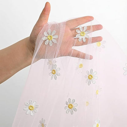 Horaldaily Pink Embroidery Daisy Spring Summer Gauze Tablecloth 60×120 Inch Rectangular, Seasonal Tulle Table Cover, Garden Party Decorations for Wedding, Party, Holiday Dining