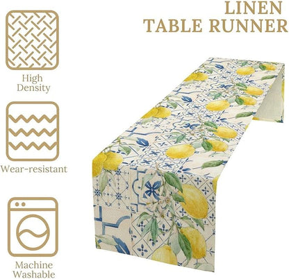 Vintage Lemon Table Runner, Watercolor Yellow Lemons Blue Tiles Spring Summer Seasonal Kitchen Dining Table Decoration for Indoor Outdoor Party, 13x90inch