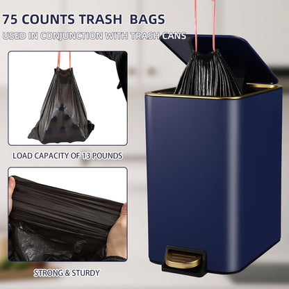 Small Bathroom Trash Can with Lid Soft Close, 1.8 Gallon Stainless Steel Garbage Can with Removable Inner Bucket,3PCS Soap Dispenser,75Count Trash Bag, Slim Step Pedal Trash Bins
