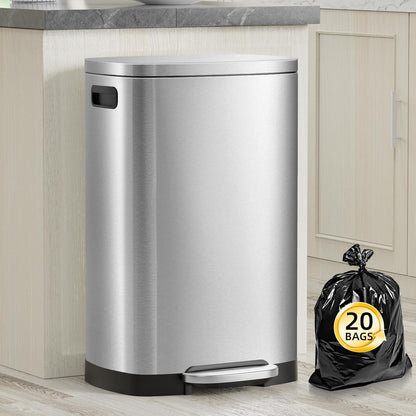 13 Gallon Trash Can with Lid, 50L Fingerprint Proof Stainless Steel Kitchen Trash Can with Removable Inner Bucket and Lid Soft Close, Pedal Rubbish Bin for Home Office