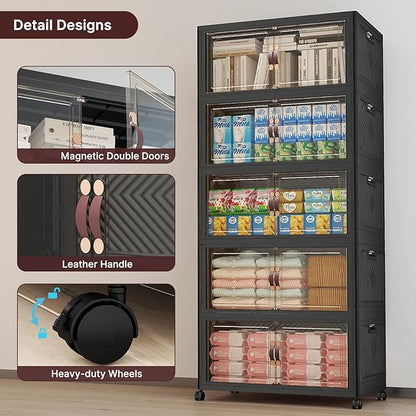 UAMFURI Stackable Storage Bins with Lids, 600QT Closet Organizers, Lockable Storage Cabinet, Foldable Storage Box with Doors and Wheels, Plastic Drawers for Home, Garage, Office (5, Black, Large)