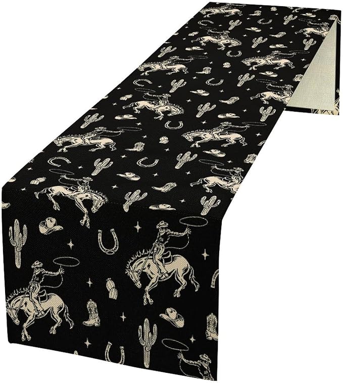Vintage Western Cowboy Table Runner, Wild West Cowboy Riding Horse Desert Cactus Themed Table Runner for Home Kitchen Dining Party Farmhouse Cafe Outdoor 13x120in