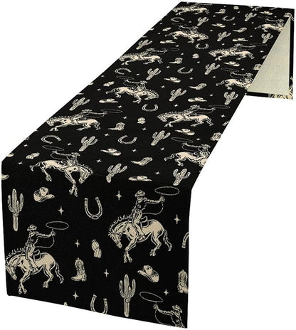 Vintage Western Cowboy Table Runner, Wild West Cowboy Riding Horse Desert Cactus Themed Table Runner for Home Kitchen Dining Party Farmhouse Cafe Outdoor 13x120in