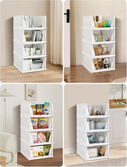 4 Pack Closet Organizer System, Stackable Plastic Clothes Storage Basket, Stackable, Foldable Organizers for Wardrobe Clothes Organizer Suitable for Bedrooms Bathrooms Kitchen Living Rooms Office Dorm