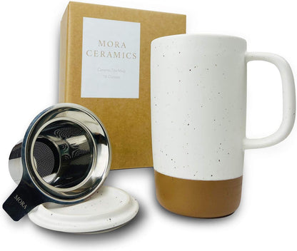 Mora Ceramics Large Tea Mug with Loose Leaf Infuser and Ceramic Lid, 18 oz, Portable, Microwave and Dishwasher Safe, Tall Coffee Cup