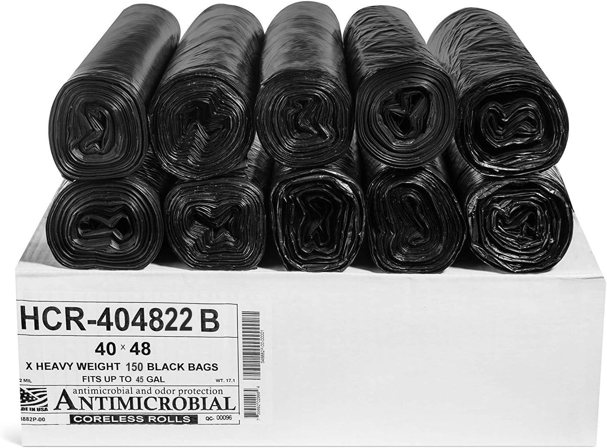 Aluf Plastics High Density Trash Bags, 45 Gallon, 150 Count, 22 Micron (eq), 40" x 48", Black, for Bathroom, Office, Industrial, Commercial, Janitorial, Municipal, Recycling