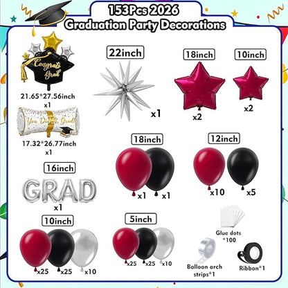 Graduation Balloons Garland Kit 153Pcs, Maroon Black Silver Balloon Arch Kit with GRAD Letters Grad Cap Diploma Balloon Burgundy Balloons Arch for Class of 2026 Graduation Birthday Party Decor