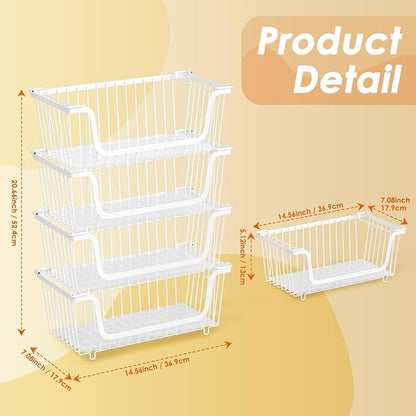 4 Pack Stackable Wire Baskets with Handles for Pantry Organizers and Storage, Fruit and Vegetable wire storage baskets, Potato and Onion Storage Bin, Metal Baskets for Organizing Snacks, Cans (White)