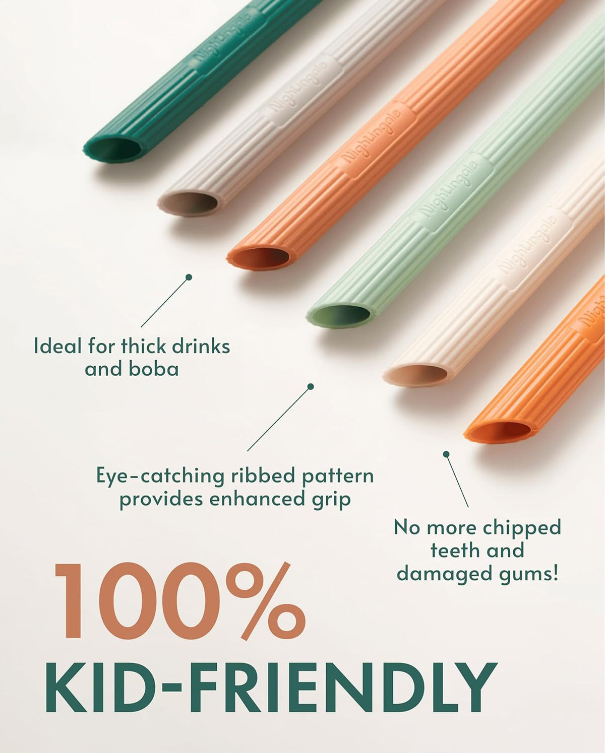 Nightingale Silicone Smoothie Straws - Flexible, Reusable Wide Drinking Straw with Cleaning Brush -Compatible w/Stanley 30oz