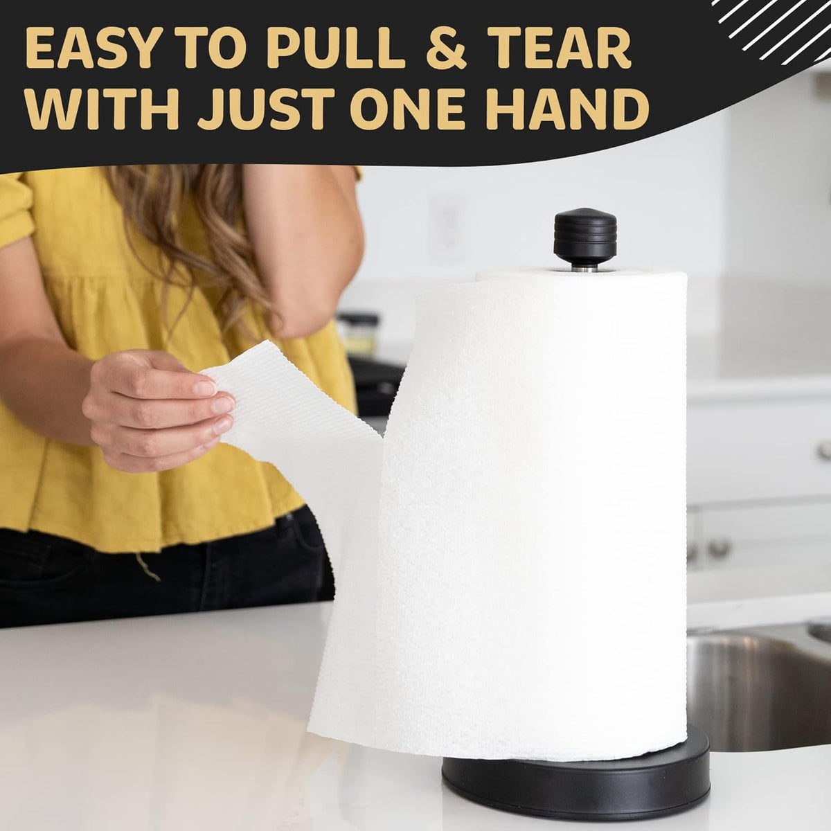 Stainless Steel Black Paper Towel Holder Designed for Easy One-Handed Operation - This Sturdy Weighted Paper Towel Dispenser Countertop Model Has Suction Cups and Holds All Paper Towel Rolls